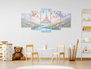 Five-piece wall art set with a castle and balloons in a child's room.