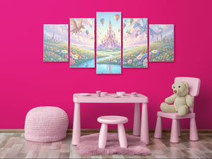 Children's room with pink walls, furniture, and toys.