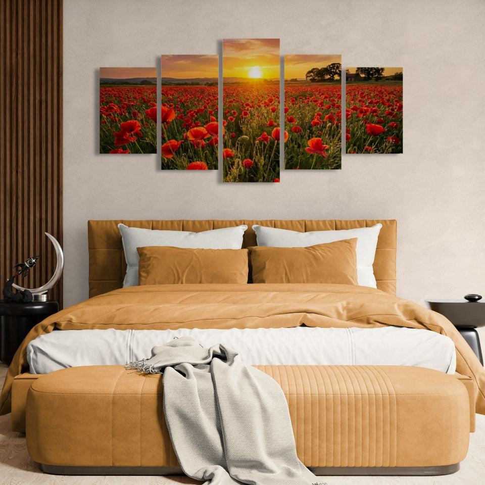 Bedroom with a bed and wall art depicting a sunset over a field of red poppie flowers.