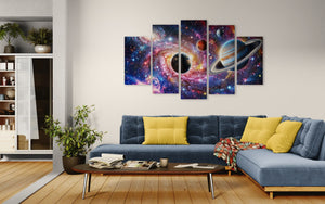 Living room with a blue sofa, yellow cushions, and a wall featuring space-themed wall art.