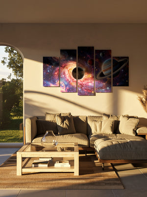 Living room with a large sectional sofa and a wall featuring space-themed wall art.