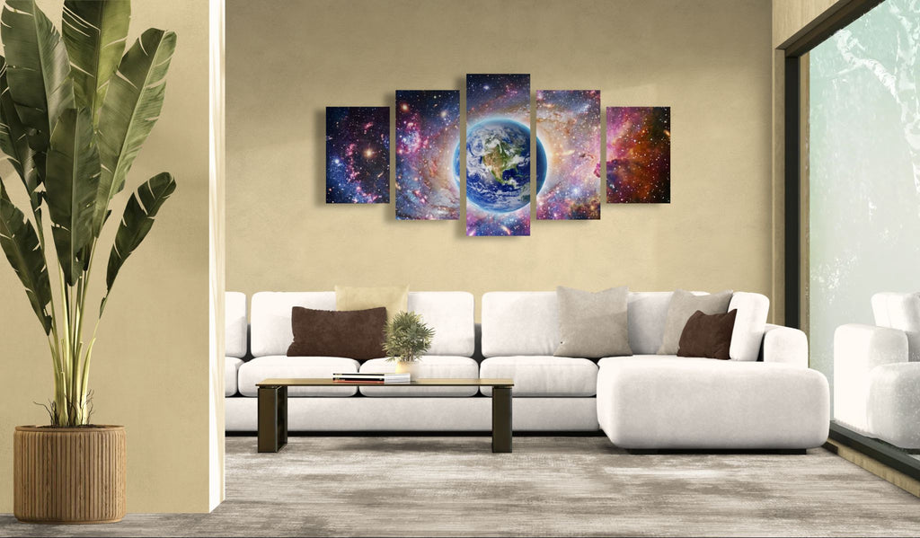 Modern living room with a large abstract wall art piece above a white sofa.