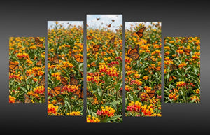 Five-panel canvas print of butterflies and flowers on a dark background