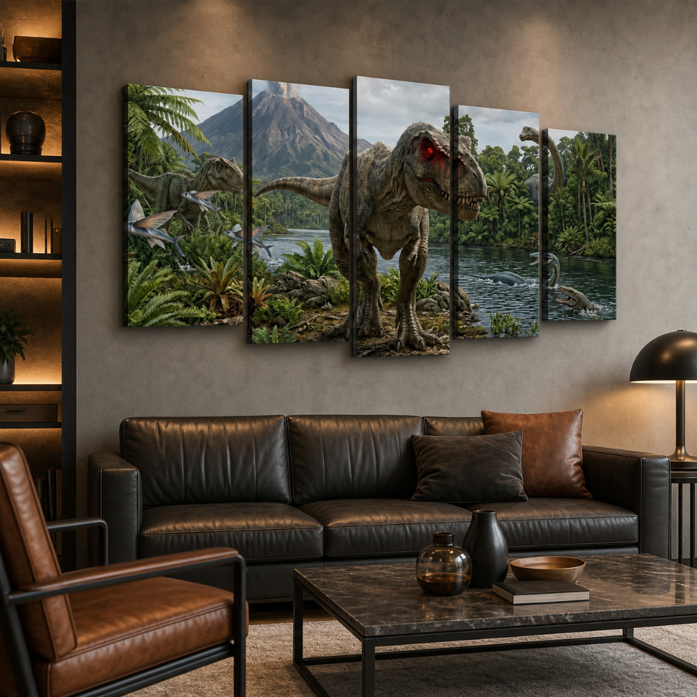 T-Rex & Carnivores Canvas Wall Art – Prehistoric Fury Dinosaur Print | 1, 3 & 5 Panel Kids & Game Room