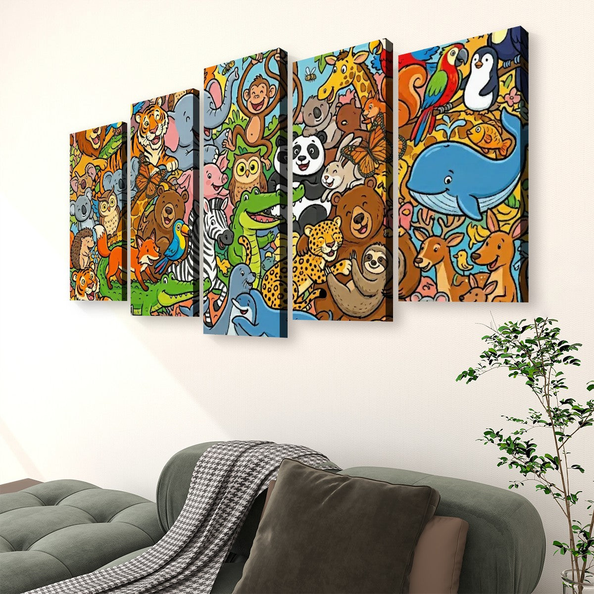 A 5-panel canvas wall art set featuring a colorful, busy cartoon jungle animal illustration, displayed on a white wall above a green sofa in a living room setting.