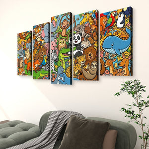 A 5-panel canvas wall art set featuring a colorful, busy cartoon jungle animal illustration, displayed on a white wall above a green sofa in a living room setting.