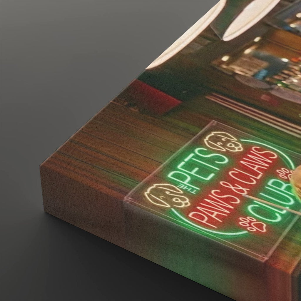 A rectangular acrylic wall sign featuring a neon-style graphic that reads 'PETS PAWS & CLAMS CLUB' in green and red, shown resting on a wooden surface against a dark gray background.