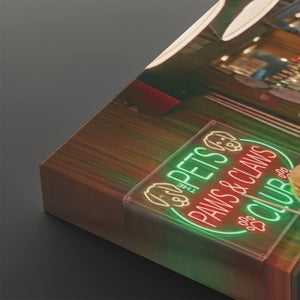 A rectangular acrylic wall sign featuring a neon-style graphic that reads 'PETS PAWS & CLAMS CLUB' in green and red, shown resting on a wooden surface against a dark gray background.