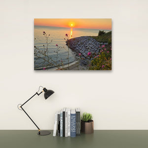 A rectangular wall art print showing a sunset over the water with a rocky shoreline and small pink flowers, displayed above a desk with a black lamp, books, and a small succulent against a light wall.