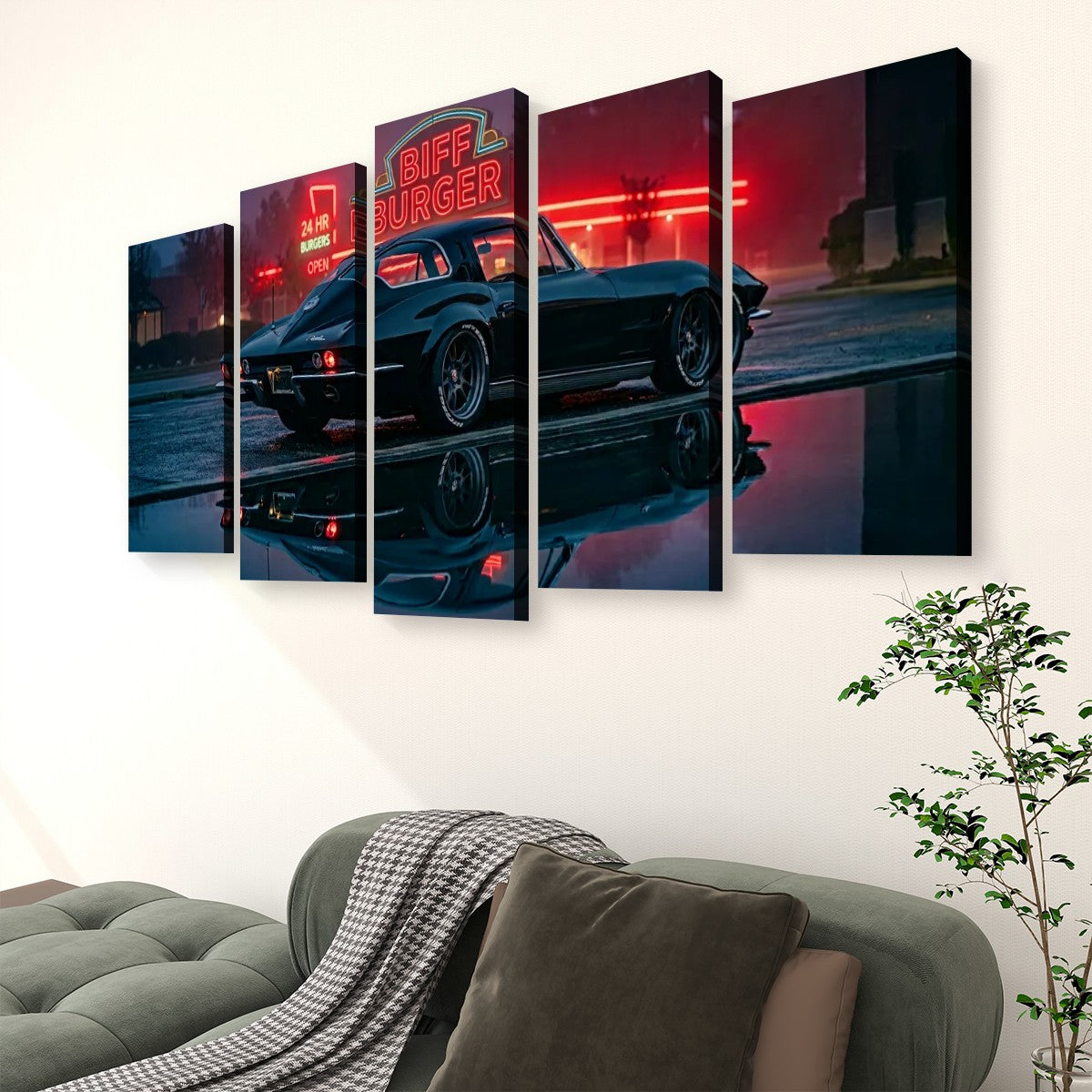 A 5-panel canvas wall art set depicting a black 1963 Split Window Chevy Corvette at night with red neon diner signage and reflections, displayed above a sofa in a living room setting.