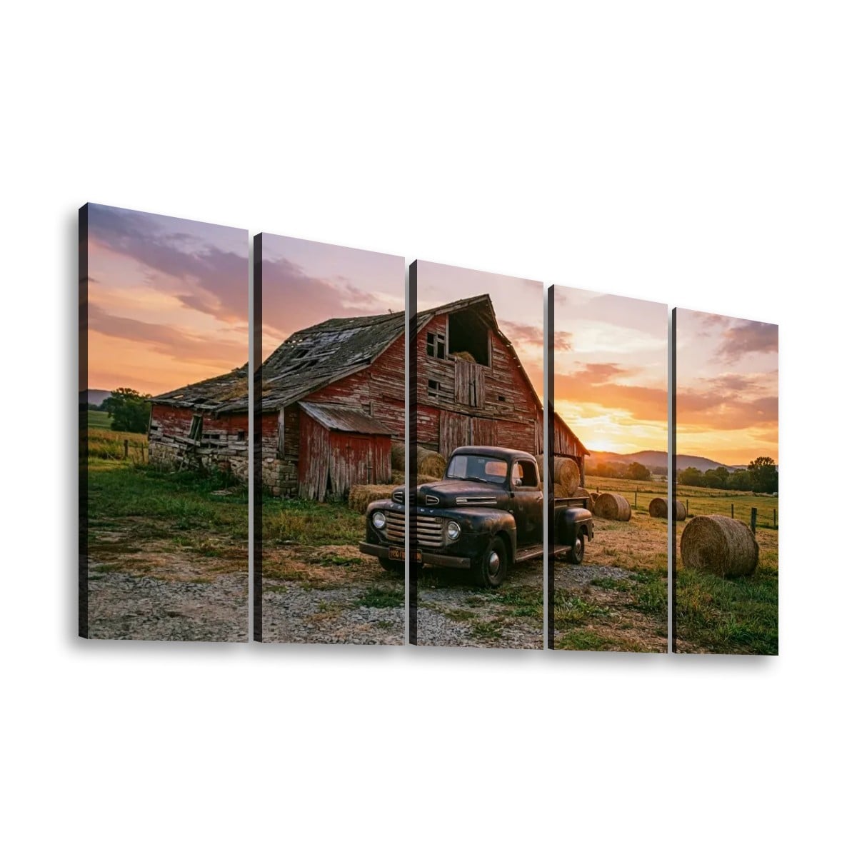 Ford F1 Patina Truck Canvas Wall Art – Old Barn Sunset | 1, 3 & 5 Panel Classic Truck Print