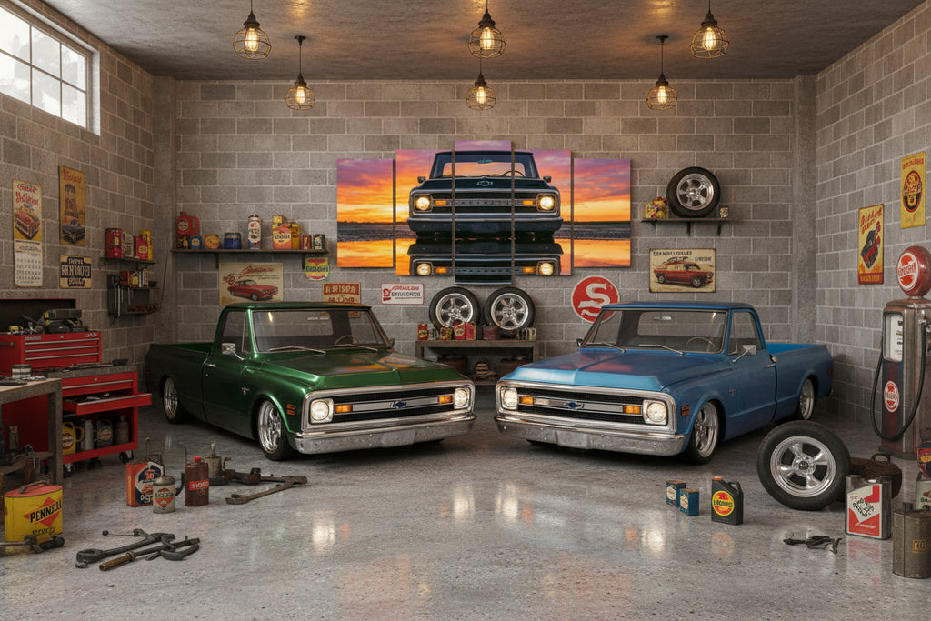 A multi-panel canvas wall art print showing a black 1970 Chevy C10 facing forward on a reflective road at sunset, displayed above a green sofa in a living room setting.