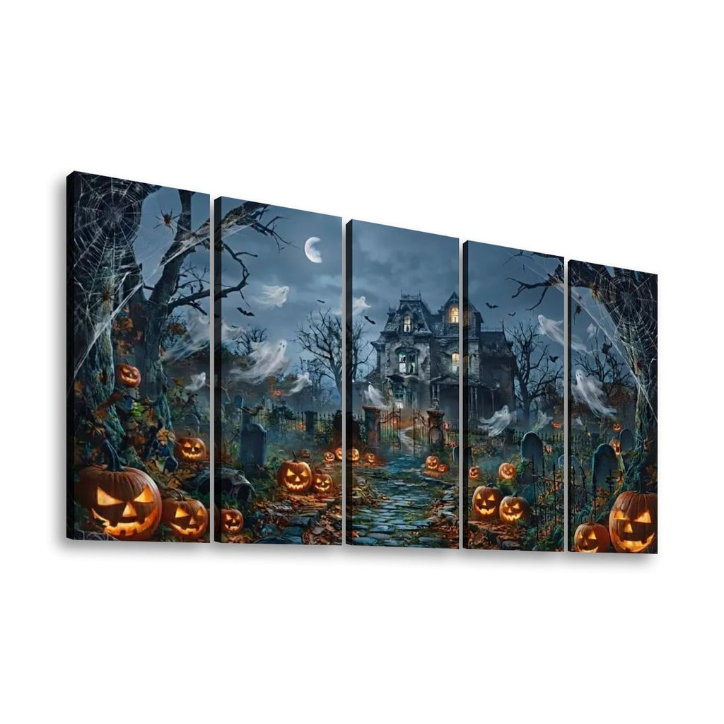 Halloween Haunted House Pumpkins & Moon — 5-Panel Level Canvas Wall Art