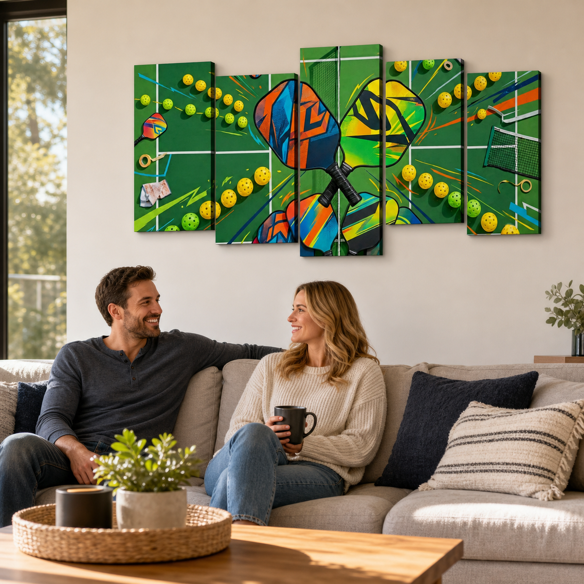 A couple sitting on a beige sofa in a living room, smiling at each other beneath a five-panel canvas wall art set depicting an abstract pickleball game on a green court.