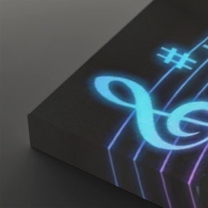 A close-up of a dark rectangular panel or canvas with glowing blue and purple neon-style lettering and symbols on a dark gray background.