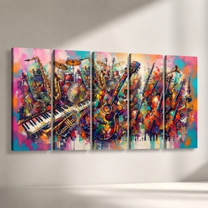 A five-panel canvas wall art set depicting a colorful, expressive painting of various musical instruments including guitars, saxophones, trumpets, violins, and a piano, displayed on a light gray wall.