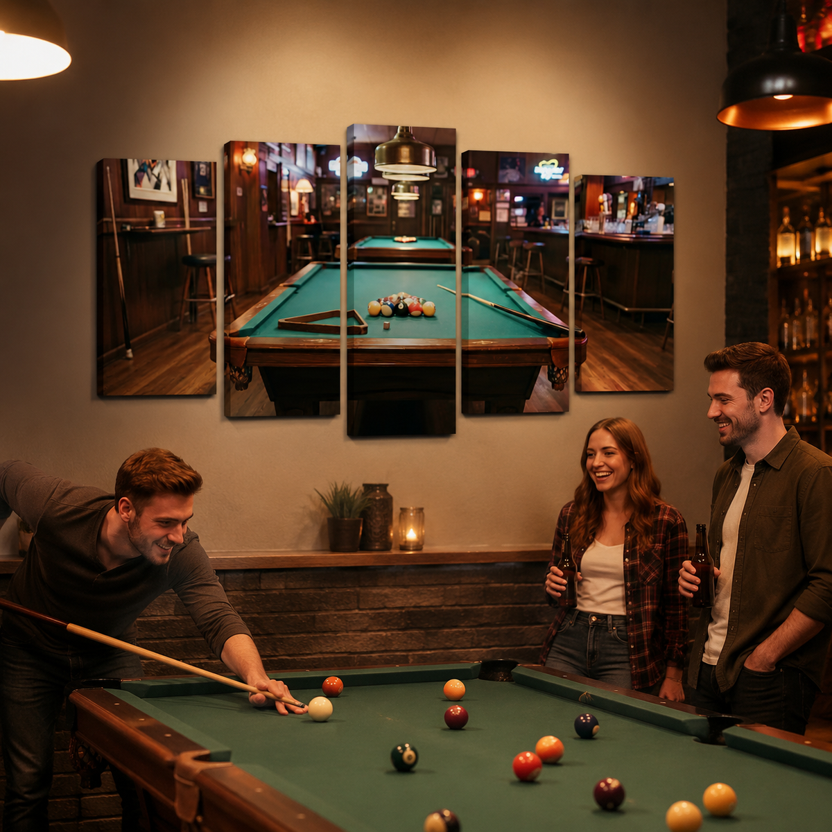 A multi-panel canvas wall art set depicting a classic green pool table in a dimly lit bar, shown hanging on a wall above a pool table in a lifestyle setting with three people playing and watching.