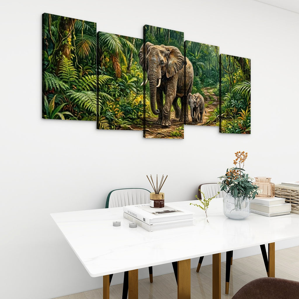 A 5-panel canvas wall art set depicting a safari scene with an adult elephant and a baby elephant in a lush green jungle, displayed on a white wall above a dining table.