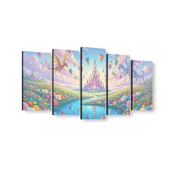 A five-panel canvas wall art set depicting a whimsical fantasy landscape with a pastel castle, hot air balloons, flowers, and a river, shown against a plain white background.