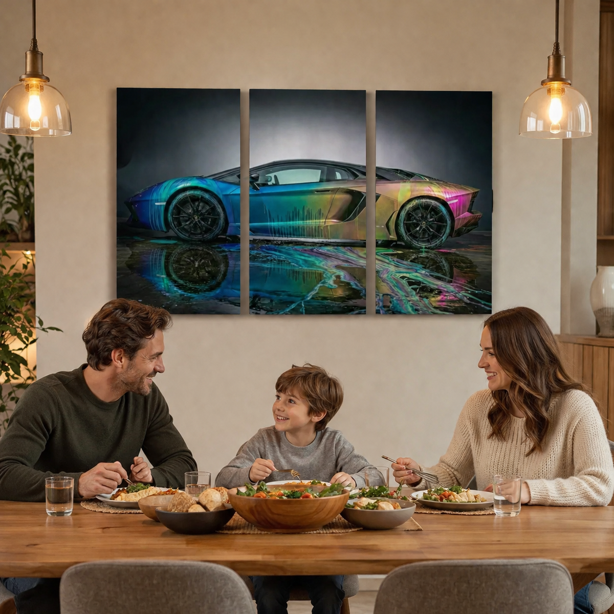 A three-panel canvas wall art print depicting a colorful, iridescent Lamborghini Aventador sports car on a reflective dark surface, displayed in a warm dining room setting above a family table.