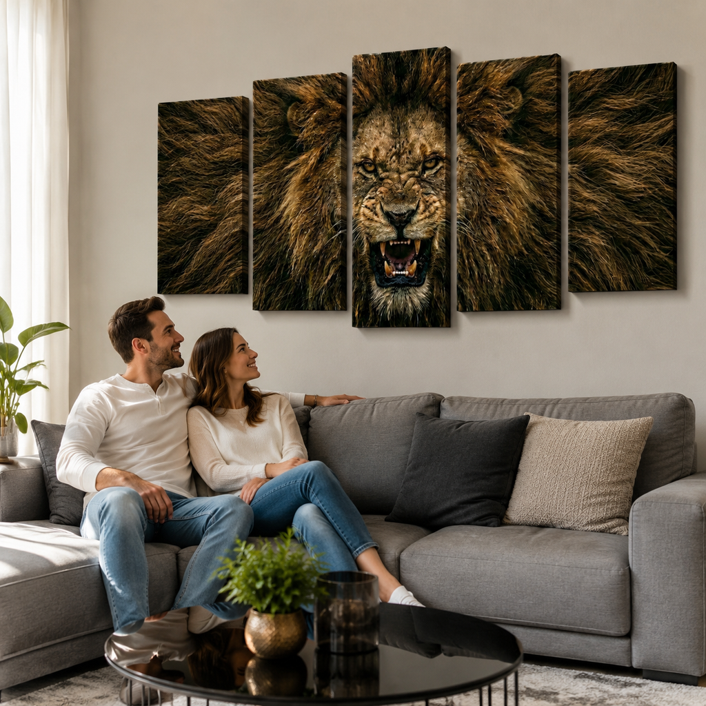 Majestic Lion Canvas Wall Art – Bold Wildlife Print | 1, 3 & 5 Panel Living Room Décor