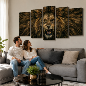 Majestic Lion Canvas Wall Art – Bold Wildlife Print | 1, 3 & 5 Panel Living Room Décor