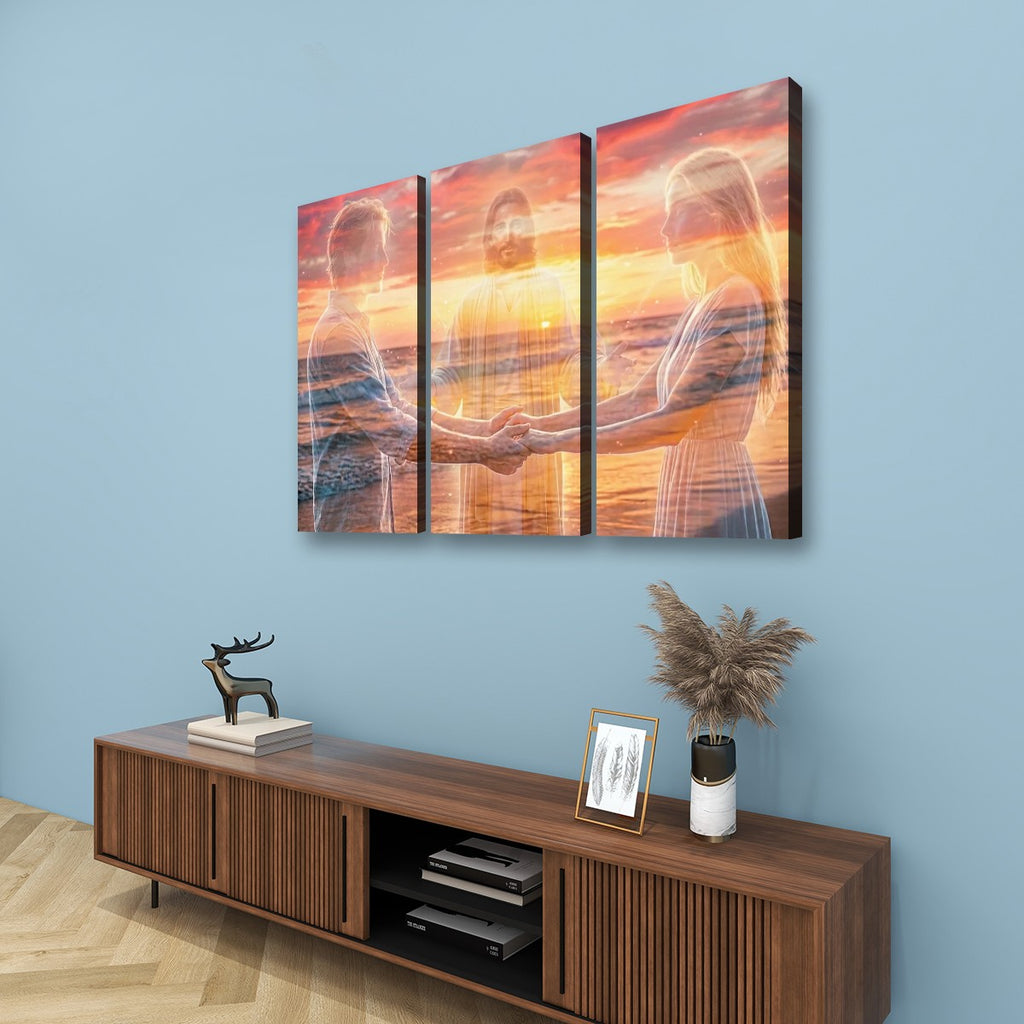 Jesus Christ Loving Couple Sunset Beach 5 Panel Level Canvas Wall Art