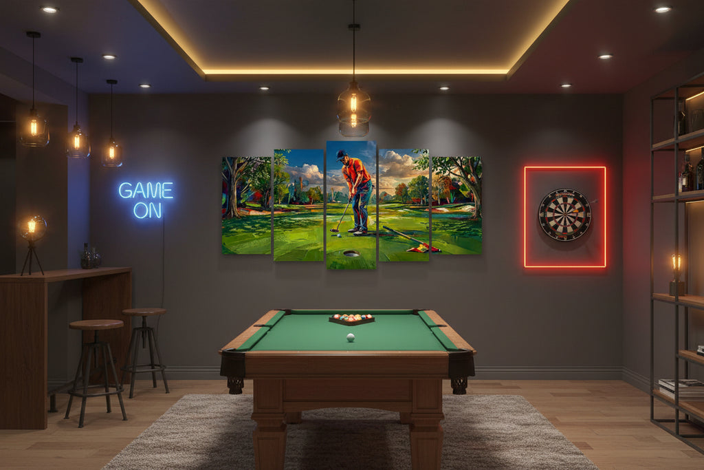 A five-panel canvas wall art set depicting a golfer on a lush green golf course.