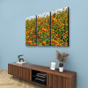 A three-panel canvas wall art set depicting a vibrant field of orange marigolds and monarch butterflies, displayed on a light blue wall above a modern wooden media console.