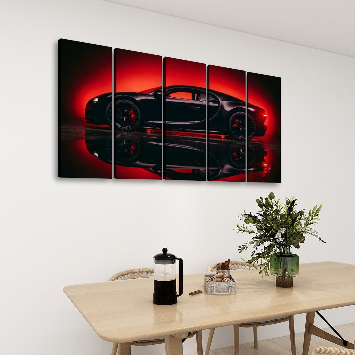Bugatti Chiron Canvas Wall Art – Dark Reflection Supercar Print | 5-Panel Level Garage Décor
