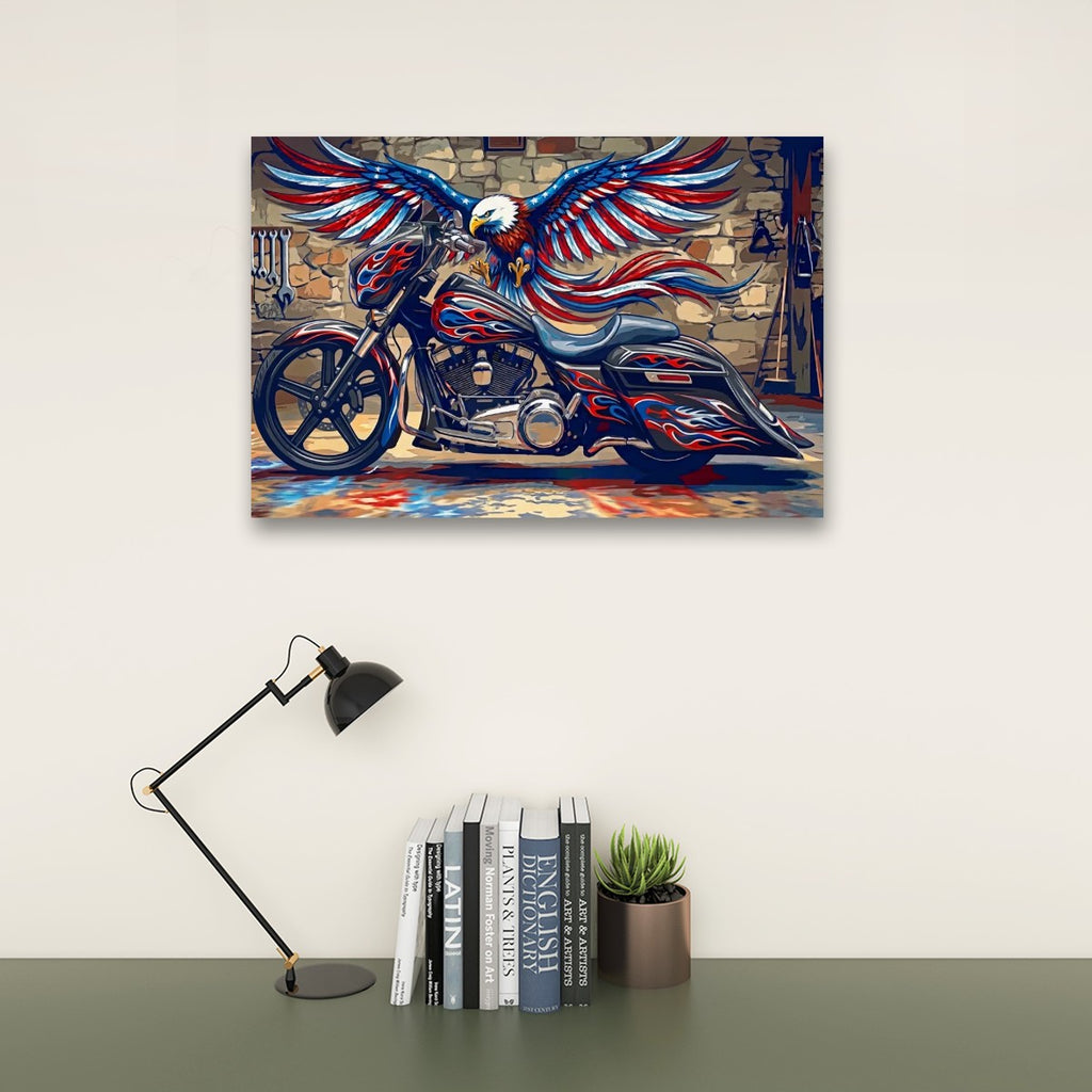 American Bagger Dresser Canvas Wall Art — Red, White & Blue Eagle, Stretched Swoop Bags