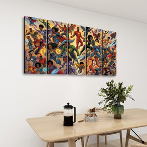 A multi-panel canvas wall art print depicting a colorful, dynamic group of superheroes, displayed on a white wall above a light wood dining table with a plant and coffee press.