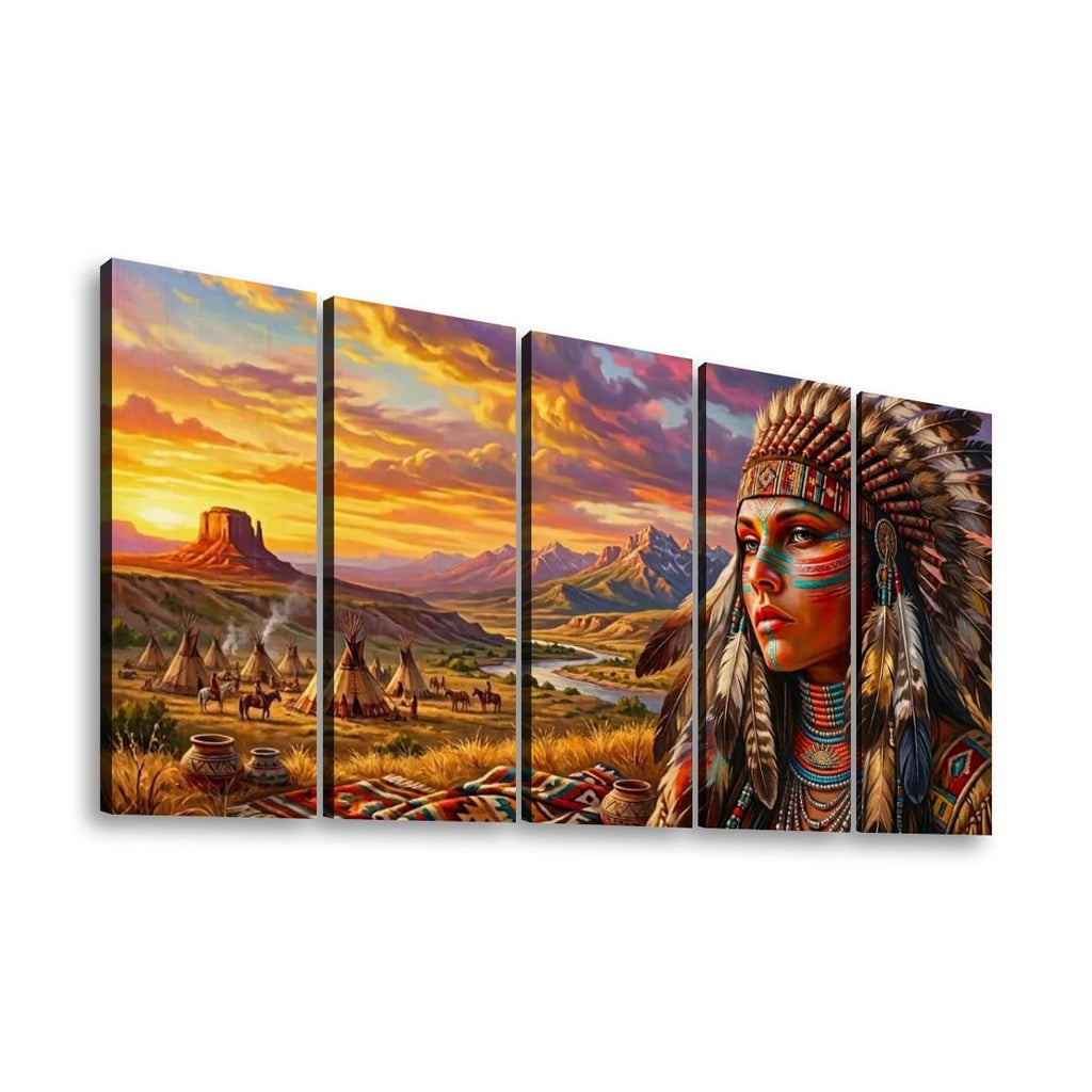 A five-panel canvas wall art set depicting a dramatic desert landscape at sunset with tipis, mesas, mountains, and a close-up portrait of an Indigenous woman wearing a feathered headdress. The panels are shown against a plain white background.