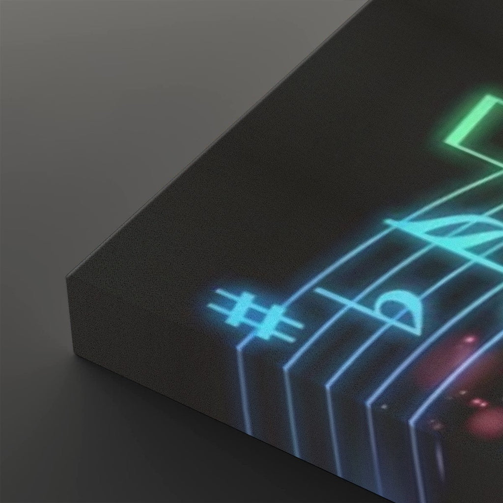 A close-up of a dark rectangular panel or book corner with glowing neon-style musical notation lines in blue, green, and pink on a dark surface.