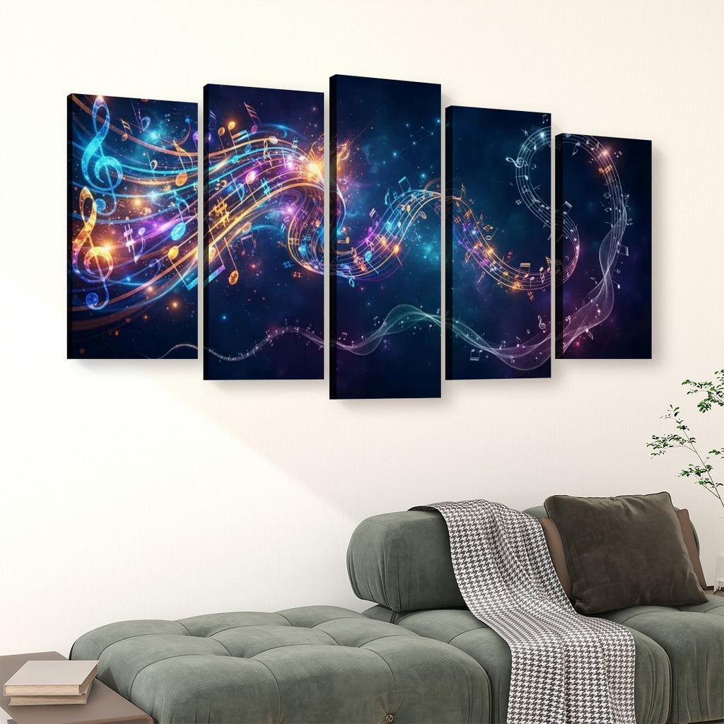 Abstract Musical Notes Ribbon — Multi-Color 1, 3, 5-Panel Split Canvas Wall Art