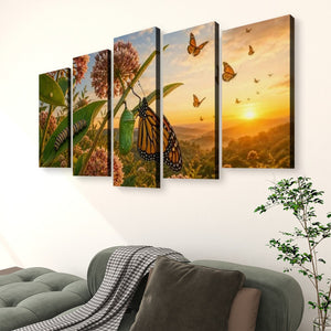 A five-panel canvas wall art set depicting monarch butterflies, green caterpillars, and wildflowers at sunset, displayed on a white wall above a gray sofa in a living room setting.