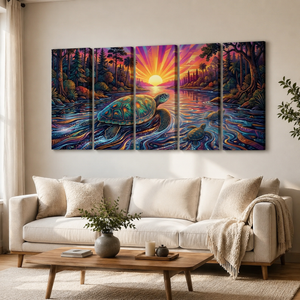 A large multi-panel canvas wall art piece depicting a colorful sunset over a river with a sea turtle, displayed above a cream sofa in a modern living room setting.