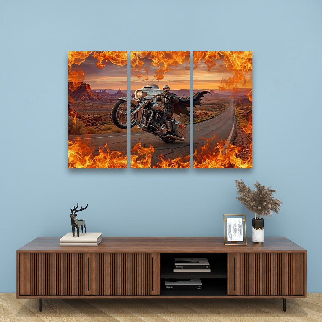 Skeleton Fire Bagger Chrome Motorcycle Tank, Saddlebags w/ Fire Split Canvas Panel Wall Art
