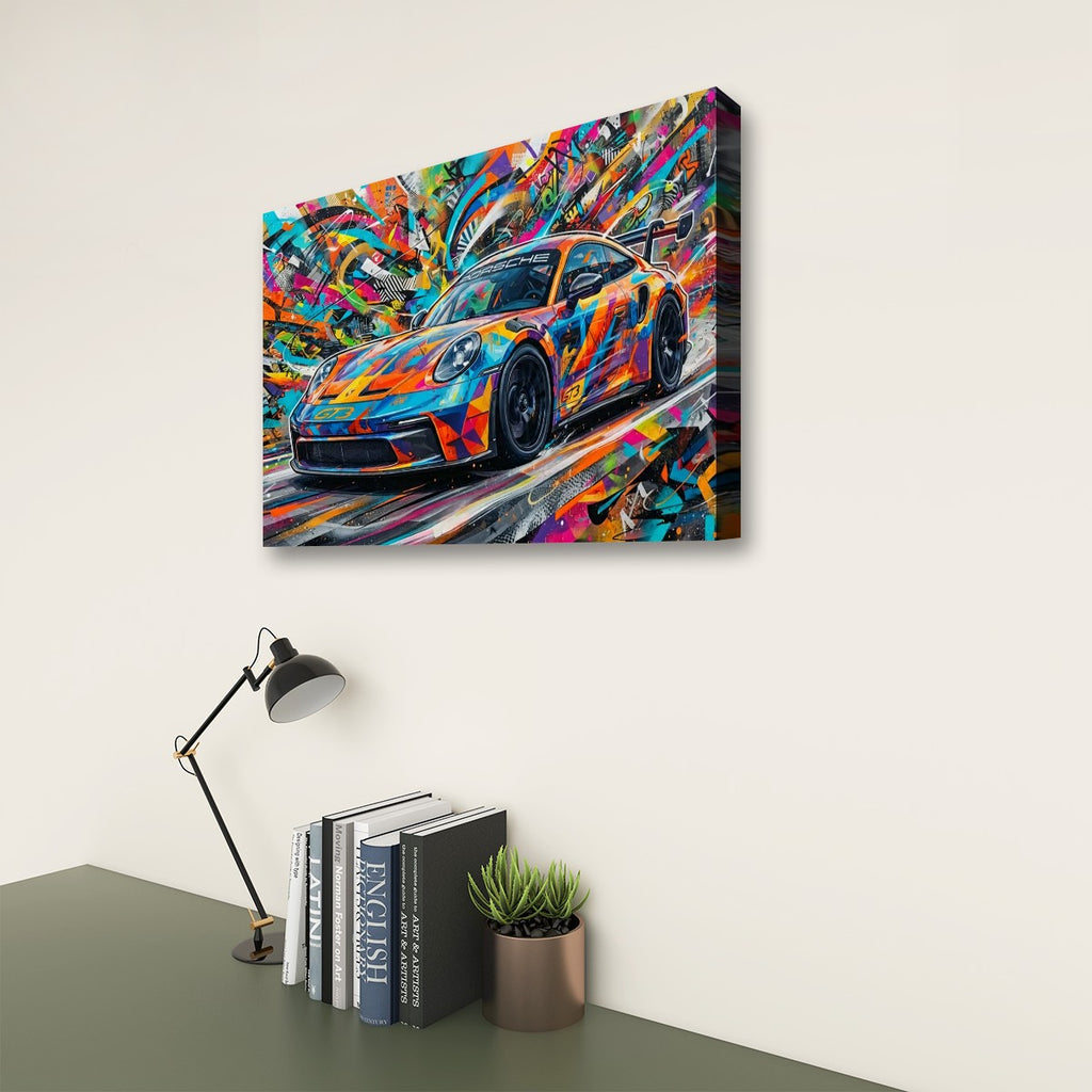 A colorful canvas wall art print depicting a 911 GT3 sports car in an abstract, painterly style, shown hanging on a light beige wall above a desk with books, a lamp, and a small plant.