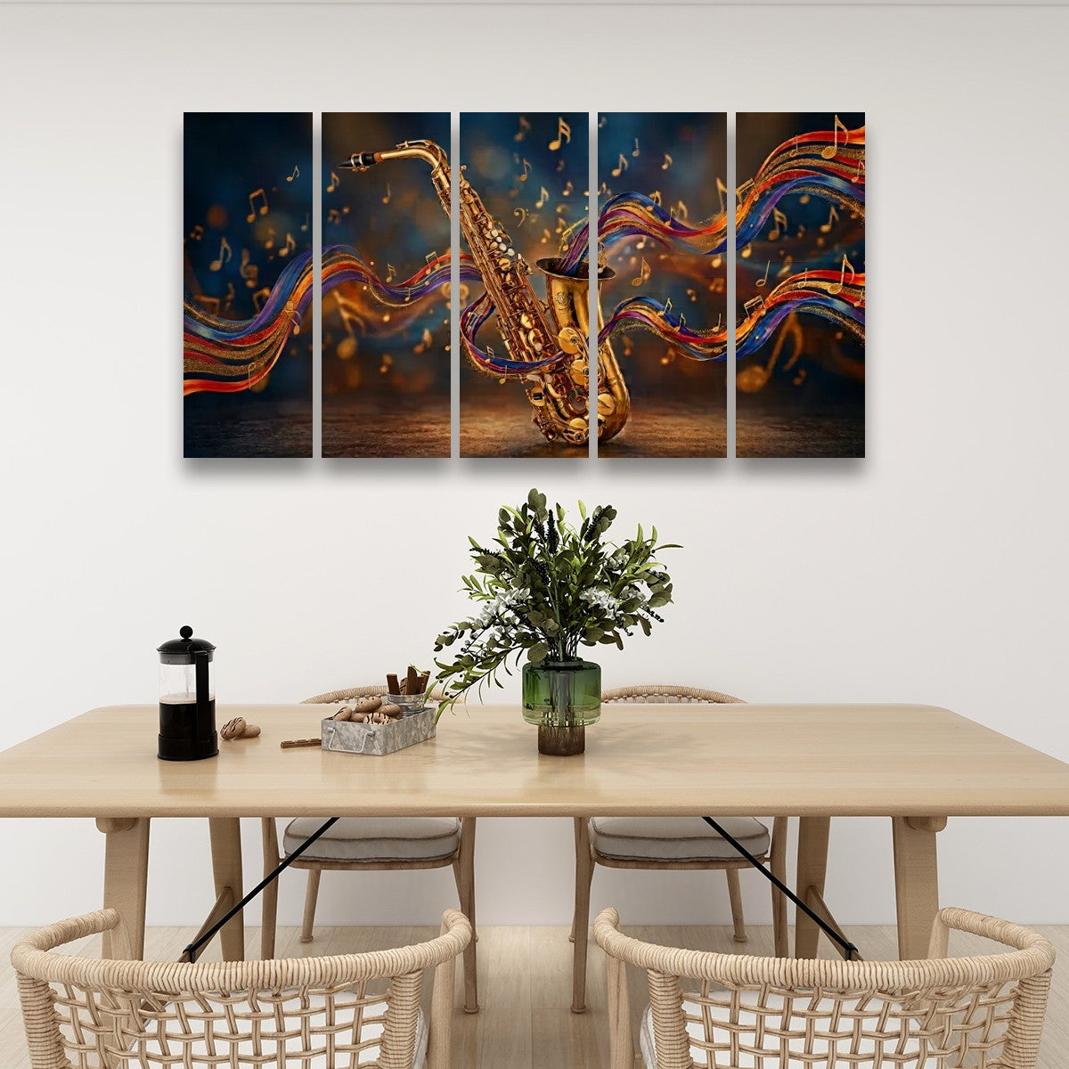 A 5-panel canvas wall art set featuring a golden saxophone with colorful flowing musical notes, displayed on a white wall above a dining table with chairs and a vase.