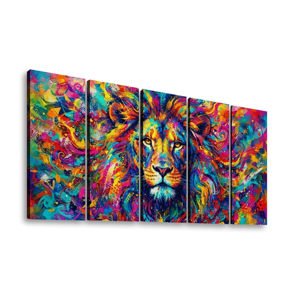 A five-panel canvas wall art set depicting a colorful, abstract lion portrait in vivid neon tones against a white background.