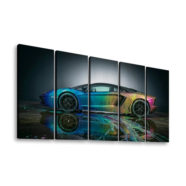 A five-panel canvas wall art set depicting a sports car with a vivid rainbow gradient, shown against a dark reflective studio background.