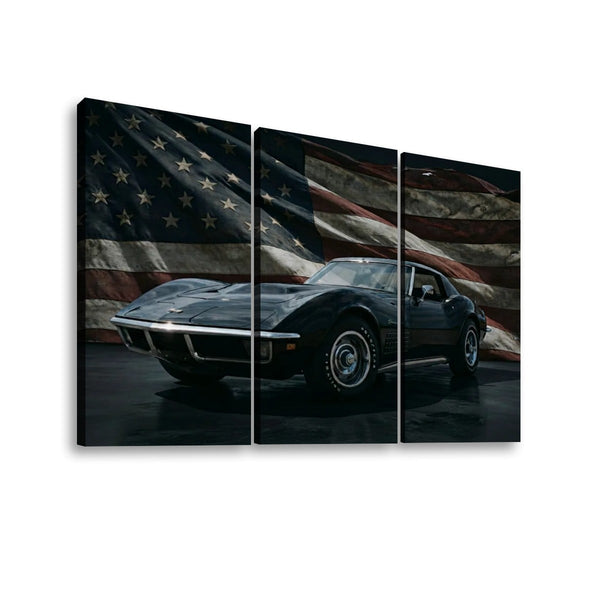 Three-panel canvas wall art showing a black classic 1972 Corvette  sports car in front of a large American flag, displayed against a plain white background.