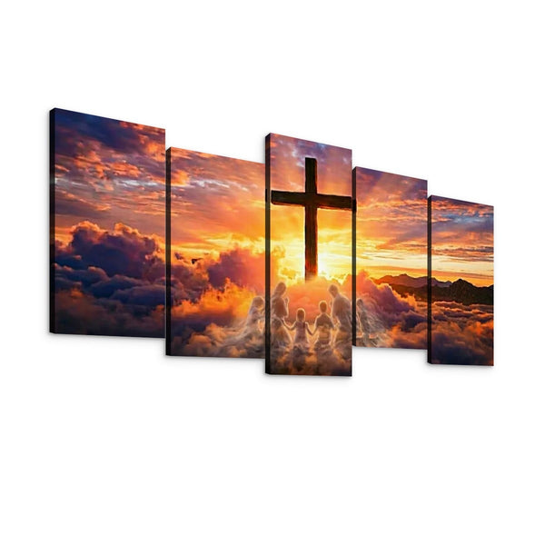 A five-panel canvas wall art set showing a dramatic sunset sky with clouds, a large cross, and silhouetted figures, displayed against a plain white background.