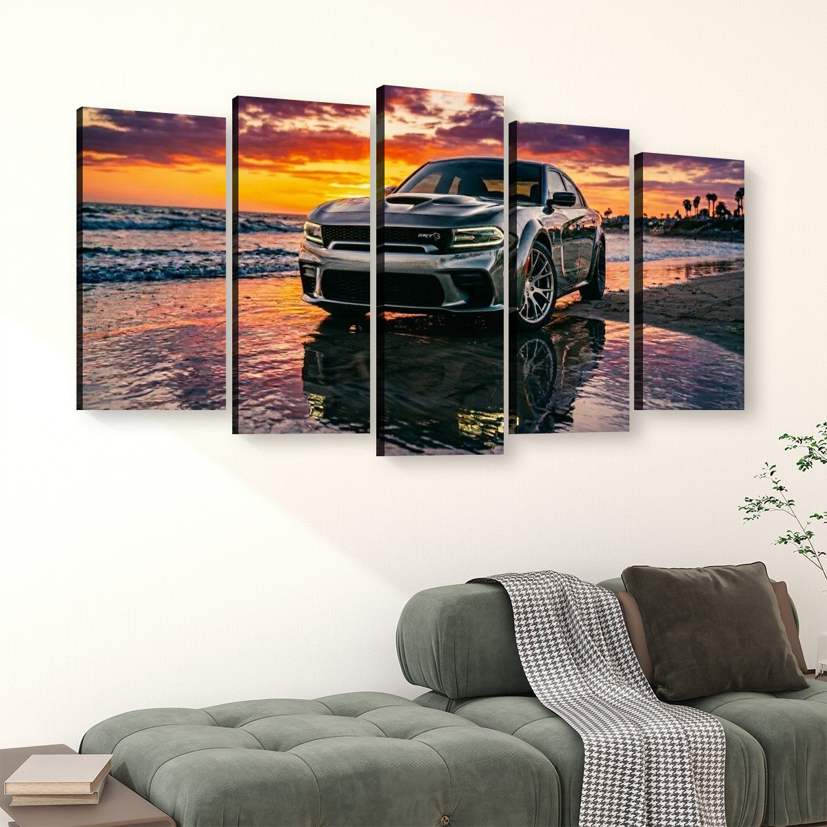 Dodge SRT Hellcat Charger Canvas Wall Art – Beach Sunset Scene | 5-Panel Level Garage Décor Print