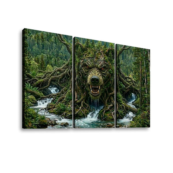 A three-panel canvas wall art set depicting a forest scene with a large wolf-like creature rising from a stream, surrounded by trees, moss, and waterfalls, shown against a plain white background.