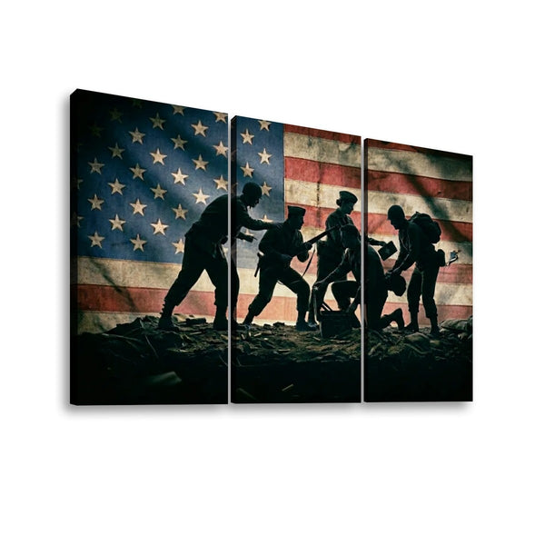 Three-panel canvas wall art showing silhouetted soldiers carrying a wounded comrade in front of a distressed American flag, displayed against a plain white background.