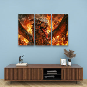 A three-panel canvas wall art set depicting a fiery dragon, displayed on a light blue wall above a modern wooden media console with decorative items.