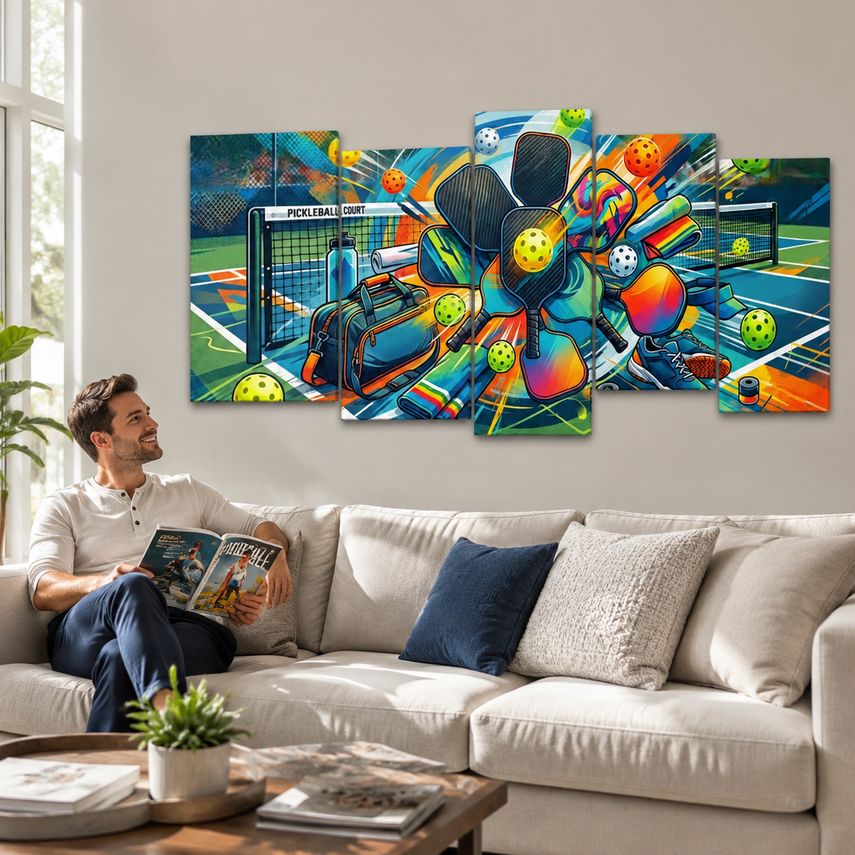 A man sits on a cream-colored sofa in a bright living room, holding an open pickleball magazine. Above him, a five-panel canvas wall art set displays a colorful, dynamic pop-art illustration of a pickleball game with players, balls, and nets.