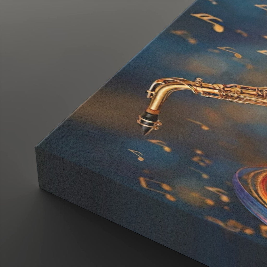 A close-up of a rectangular canvas or print showing a saxophone over a blue background with floating gold musical notes, photographed on a dark gray surface.